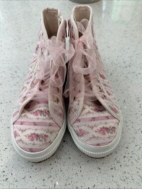 Superga x LoveShackFancy Pink Floral High-Top Sneakers with Sheer Ribbon Laces